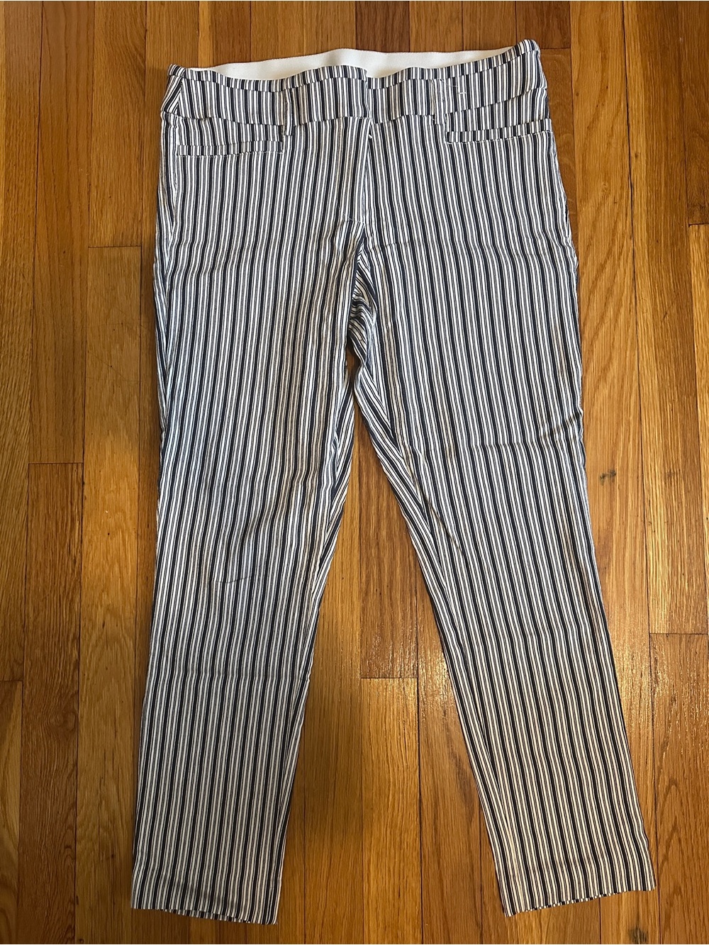 Women's Straight Leg Work Pants Blue White Stripe Wide Stretchy Waist Band sz 9
